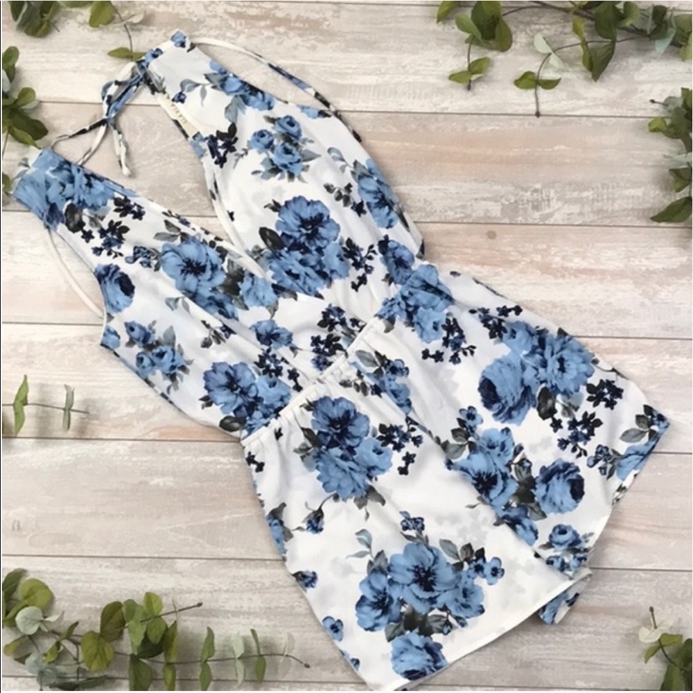 Blue and White Floral Romper
